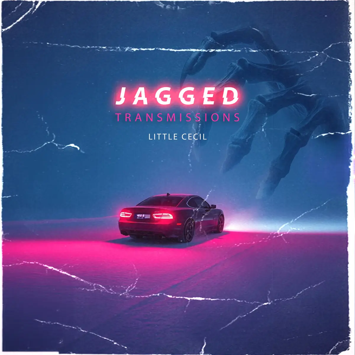A dark car with glowing red taillights drives forward on a cracked, neon-pink and blue road, with a giant skeletal hand…