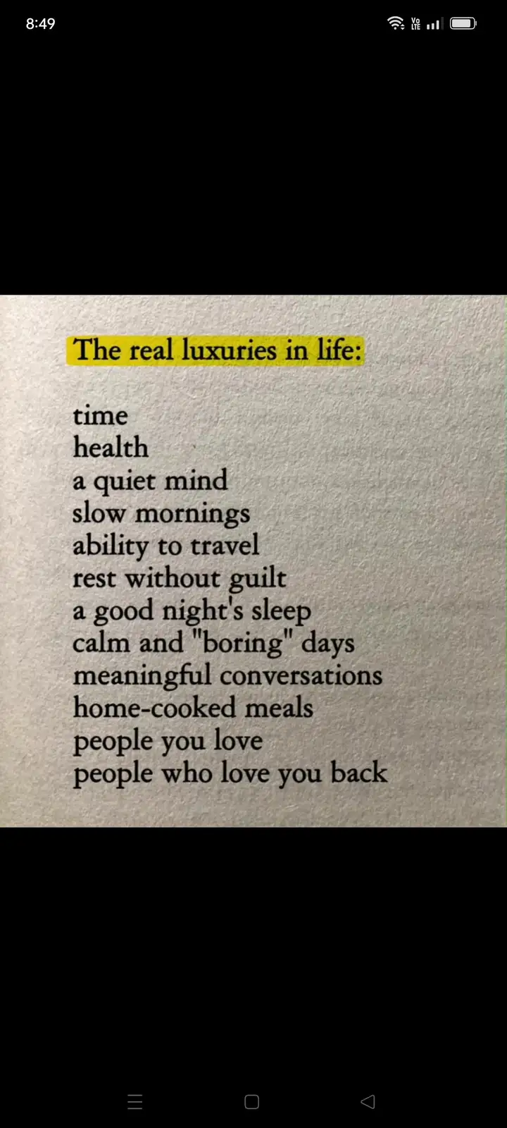 A text-based image displays a list titled 'The real luxuries in life:' followed by items like 'time,' 'health,' 'a quiet…