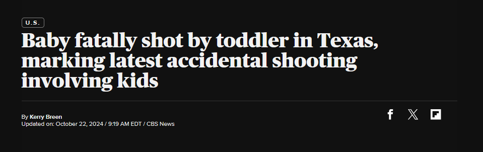 A screenshot of a CBS News article headline reads 'Baby fatally shot by toddler in Texas, marking latest accidental shooting…