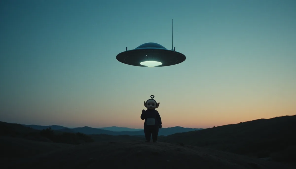 A Teletubby figurine stands alone on a hill at dusk, facing a hovering UFO with a glowing underside. The sky transitions…