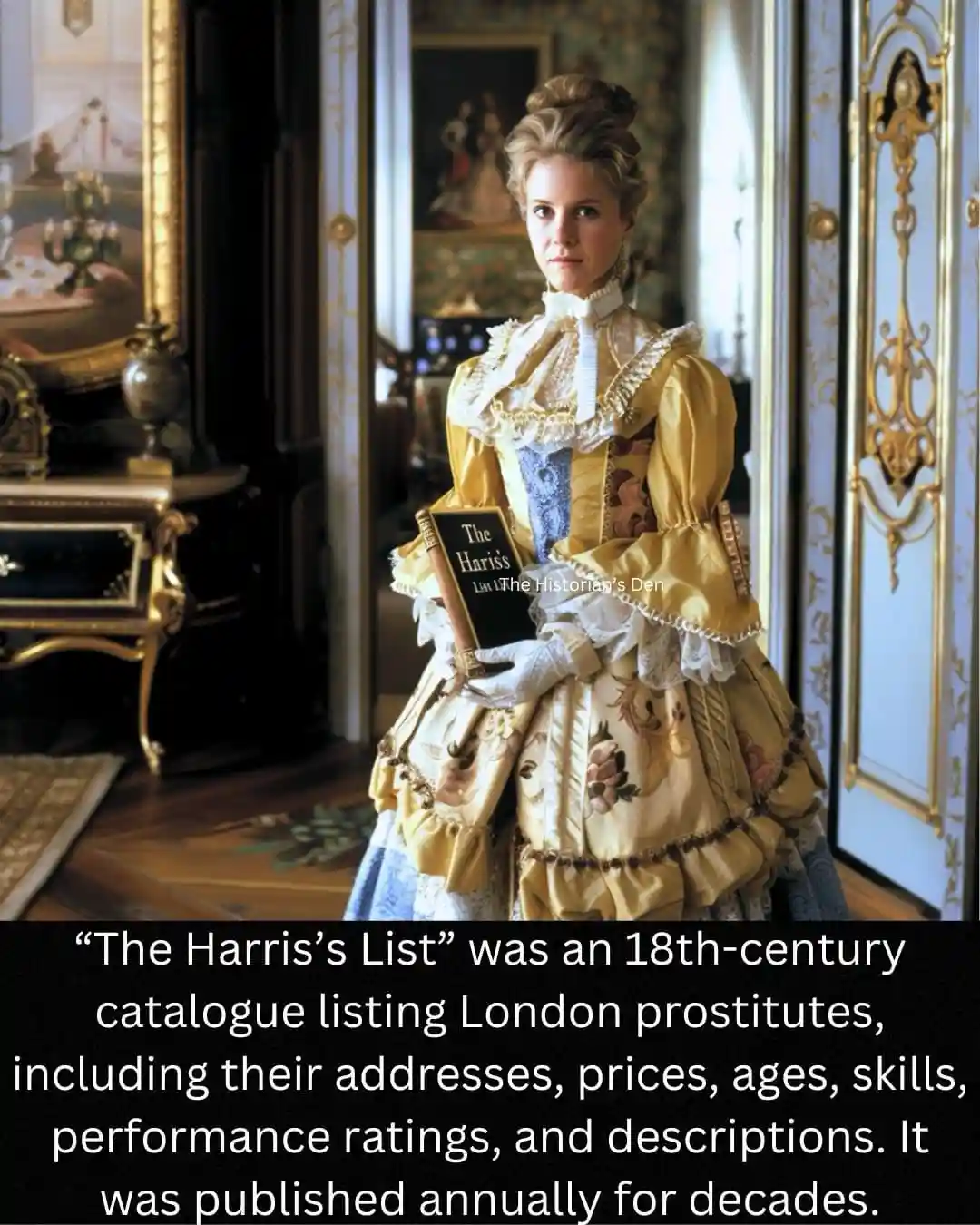 A woman in an ornate 18th-century yellow and blue gown stands in a lavish, gilded room holding a book titled 'The Harris's…