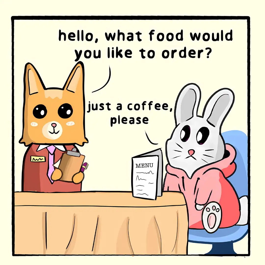 A cartoon fox waiter in a red uniform asks a seated white rabbit customer what food they'd like to order. The rabbit…