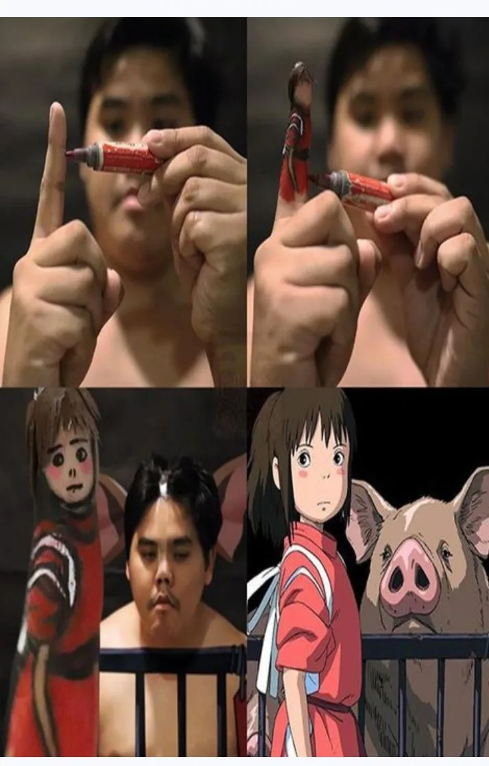 A four-panel meme shows a man using a red marker to draw on his finger, then drawing a cartoon character on his finger, then…