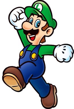 a cheerful, cartoon-style Luigi from the Mario franchise is shown mid-stride, smiling broadly with one fist raised in a…