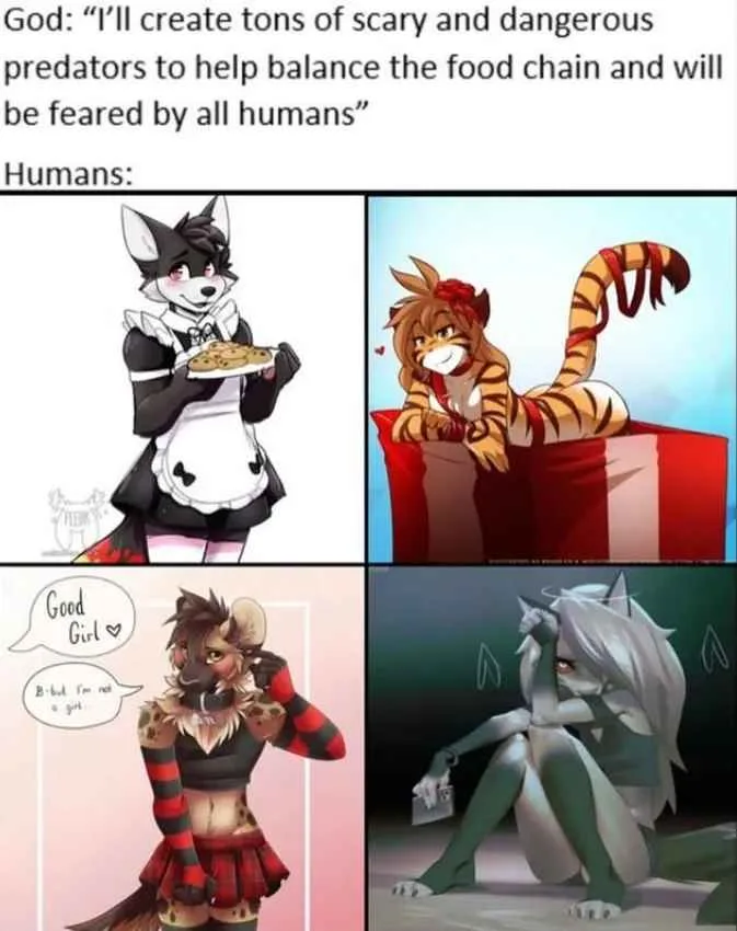A four-panel meme showing anthropomorphic animal characters reacting to God's promise of creating scary predators. Top left…