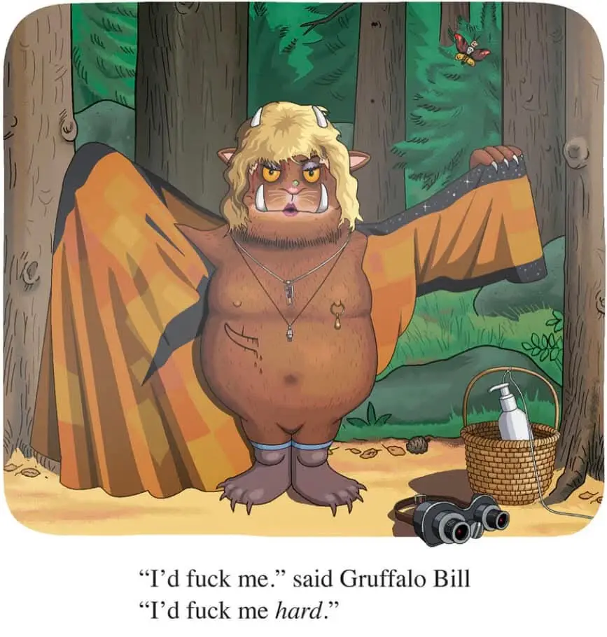 A cartoon Gruffalo Bill, a large brown beast with horns, tusks, and wings, stands in a forest clearing with a surprised…