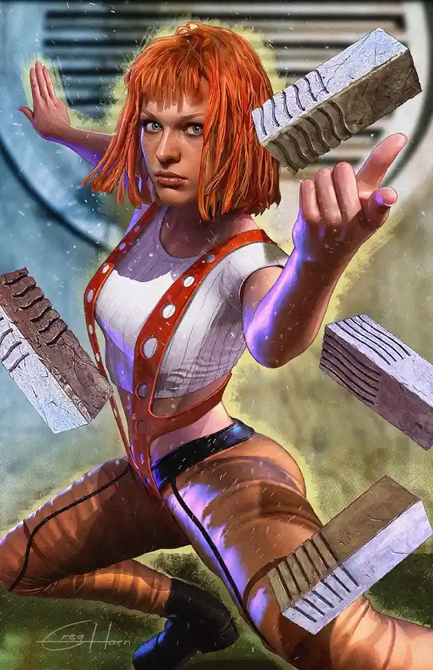 A woman with orange hair and a white top with red suspenders is in a dynamic pose, surrounded by floating bricks. She looks…