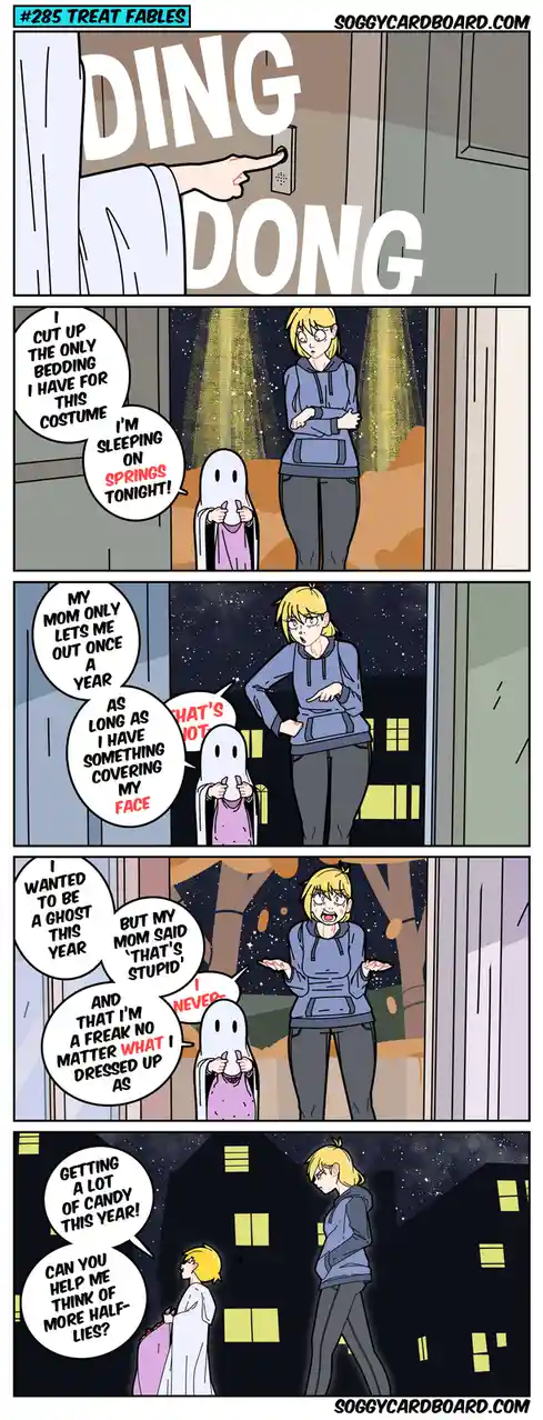 A four-panel comic strip shows a child in a ghost costume knocking on a door. The child explains they cut up their bedding…