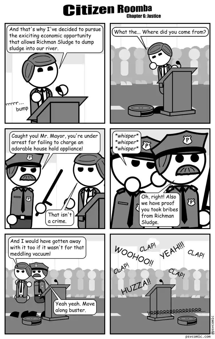 A six-panel comic strip titled 'Citizen Roomba, Chapter 6: Justice' depicts a mayor giving a speech about economic…