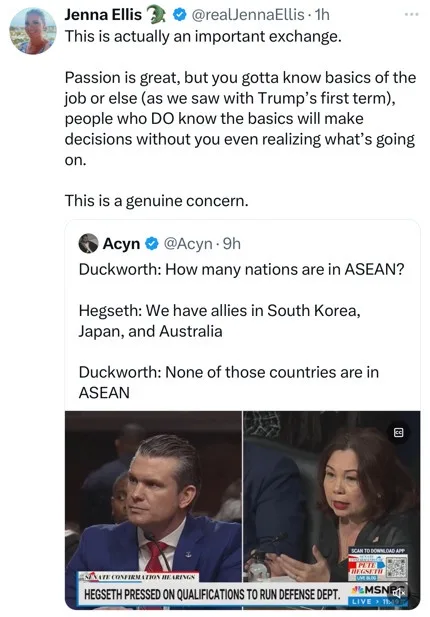 A screenshot of a Twitter thread where Jenna Ellis comments on a political exchange. The exchange shows a split-screen of…
