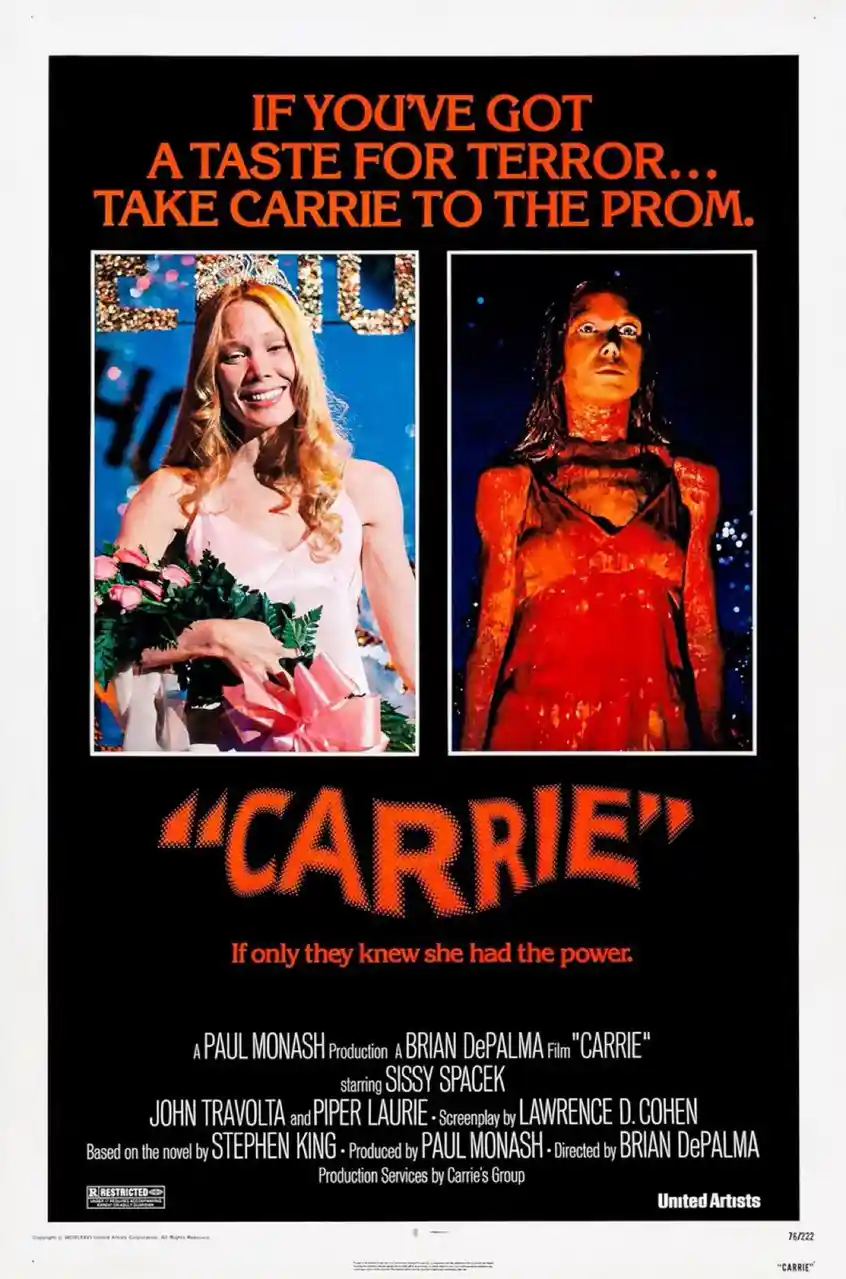 This is the original movie poster for the 1976 horror film 'Carrie,' featuring two side-by-side images: one of the…