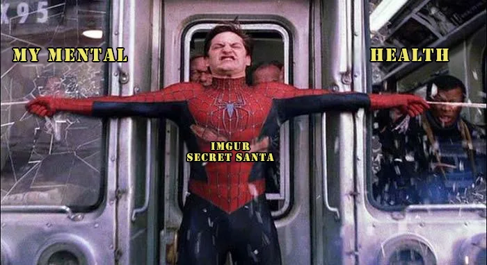 A man in a red and blue Spider-Man costume stands in the doorway of a subway car with arms outstretched, looking strained…