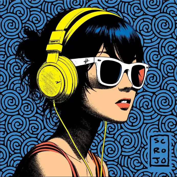 A stylized illustration of a person with dark hair, wearing bright yellow over-ear headphones and white-framed sunglasses…