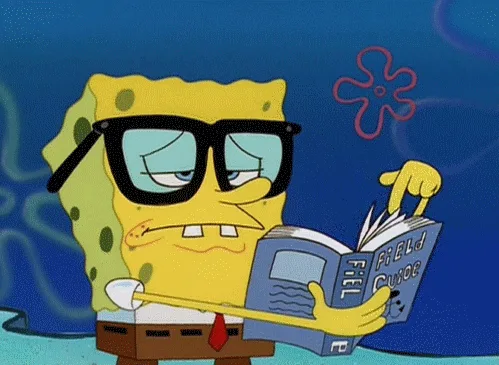 A six-panel image shows SpongeBob SquarePants wearing glasses and a tie, holding a book titled 'Field Guide'. In each panel…