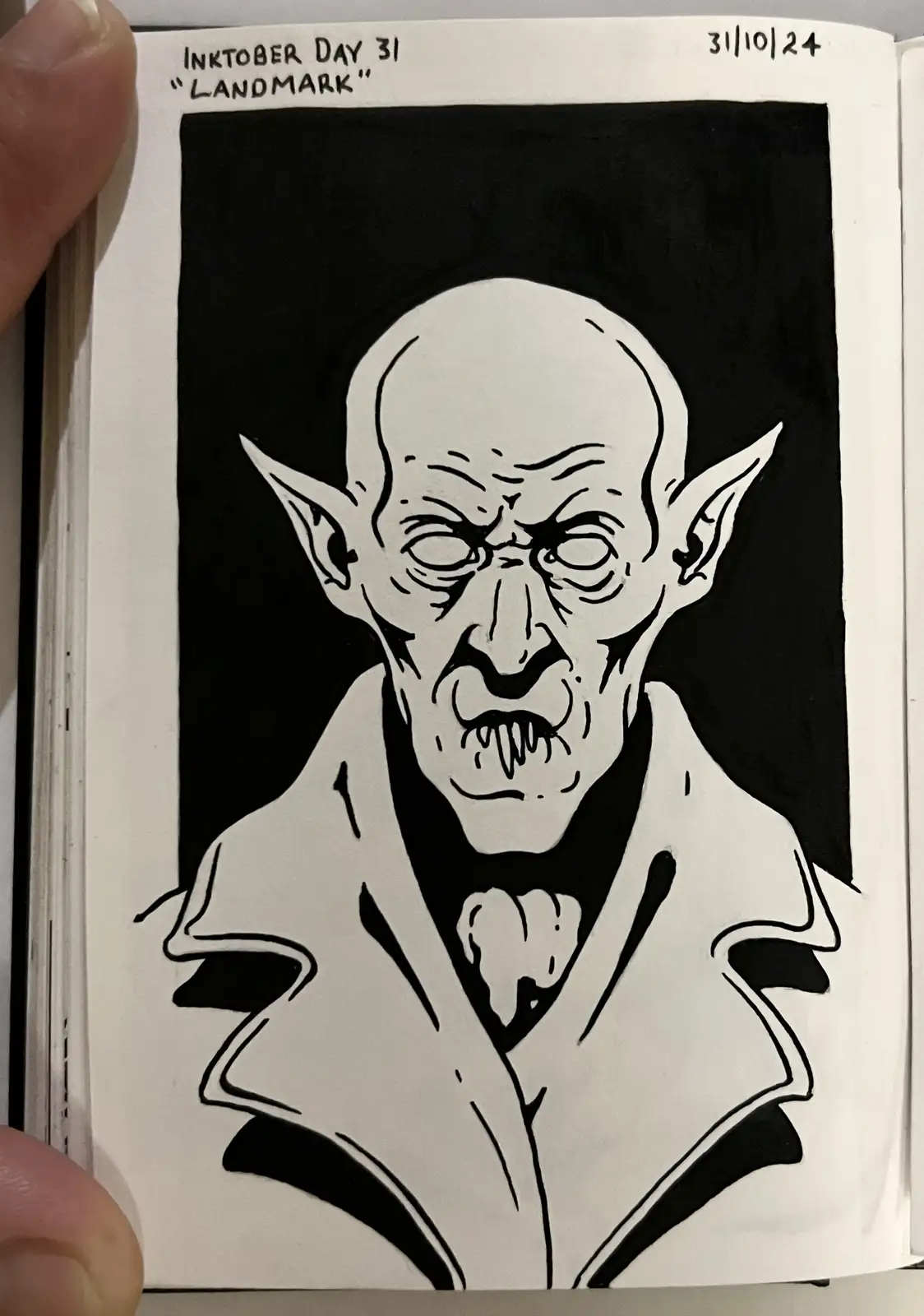 A black and white ink drawing of a menacing, bald vampire with pointed ears, sharp fangs, and a wrinkled face, wearing a…