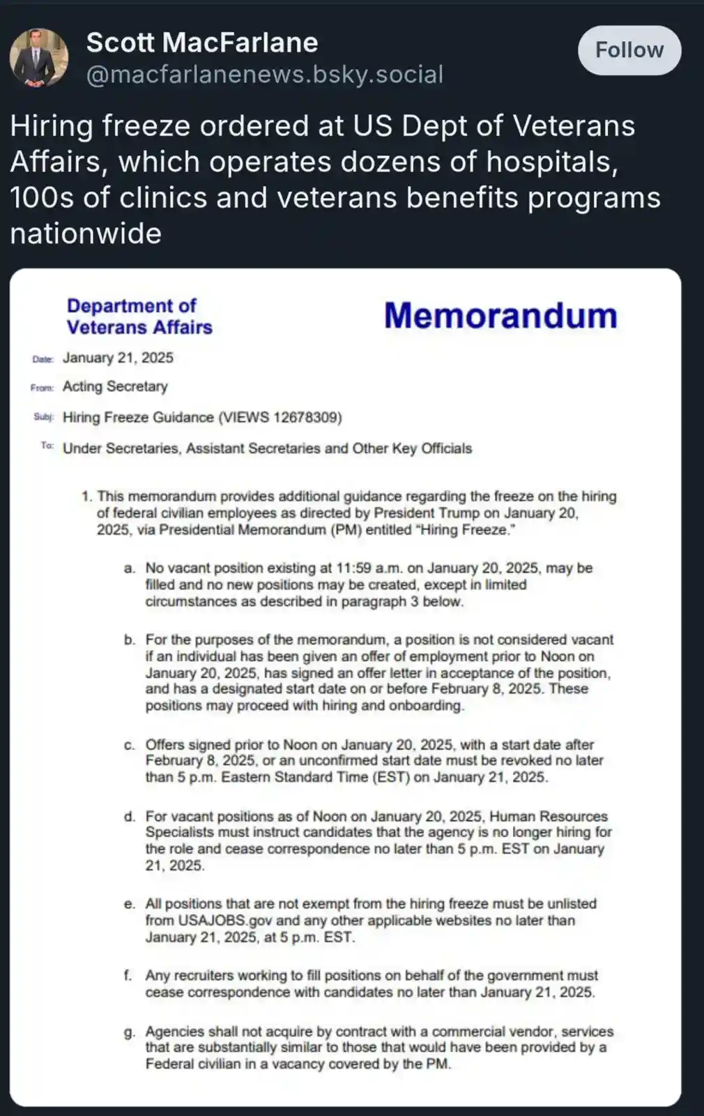 A screenshot of a Department of Veterans Affairs memorandum dated January 21, 2025, detailing a hiring freeze ordered by…