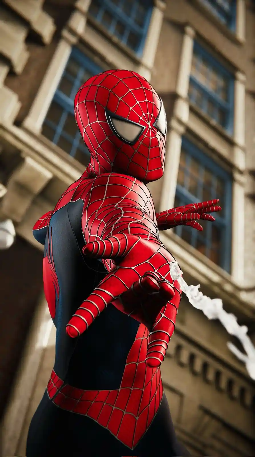 A person in a red and blue Spider-Man suit is shown from behind, mid-swing, with a web trailing from their hand against a…