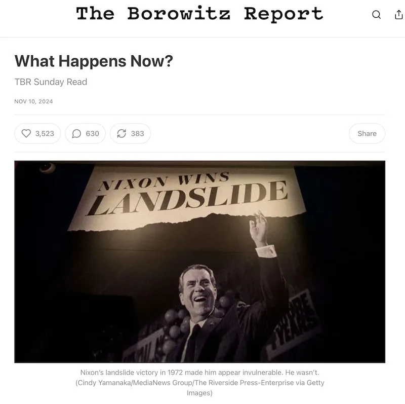 A black-and-white photo shows Richard Nixon smiling and raising his hand in victory, with a torn banner above him reading…