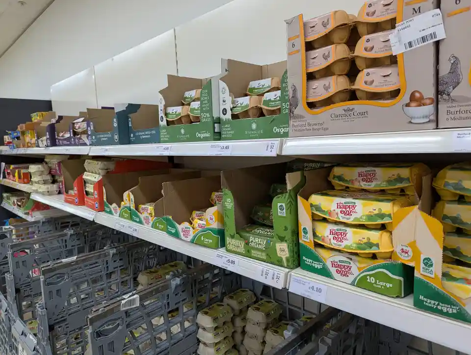 A supermarket egg aisle displays various brands like 'Happy Egg Co.' and 'Clarence Court', with packaging featuring slogans…
