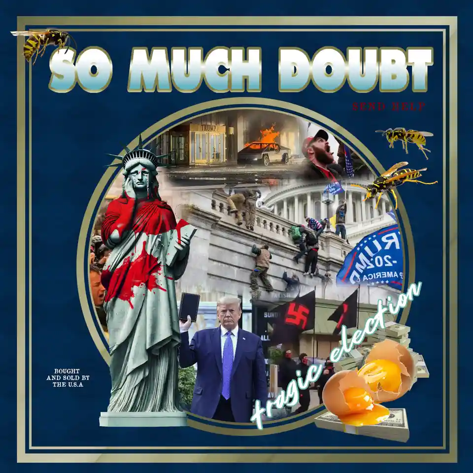 A collage image features a crying, blood-splattered Statue of Liberty, Donald Trump holding a book, and scenes of Capitol…