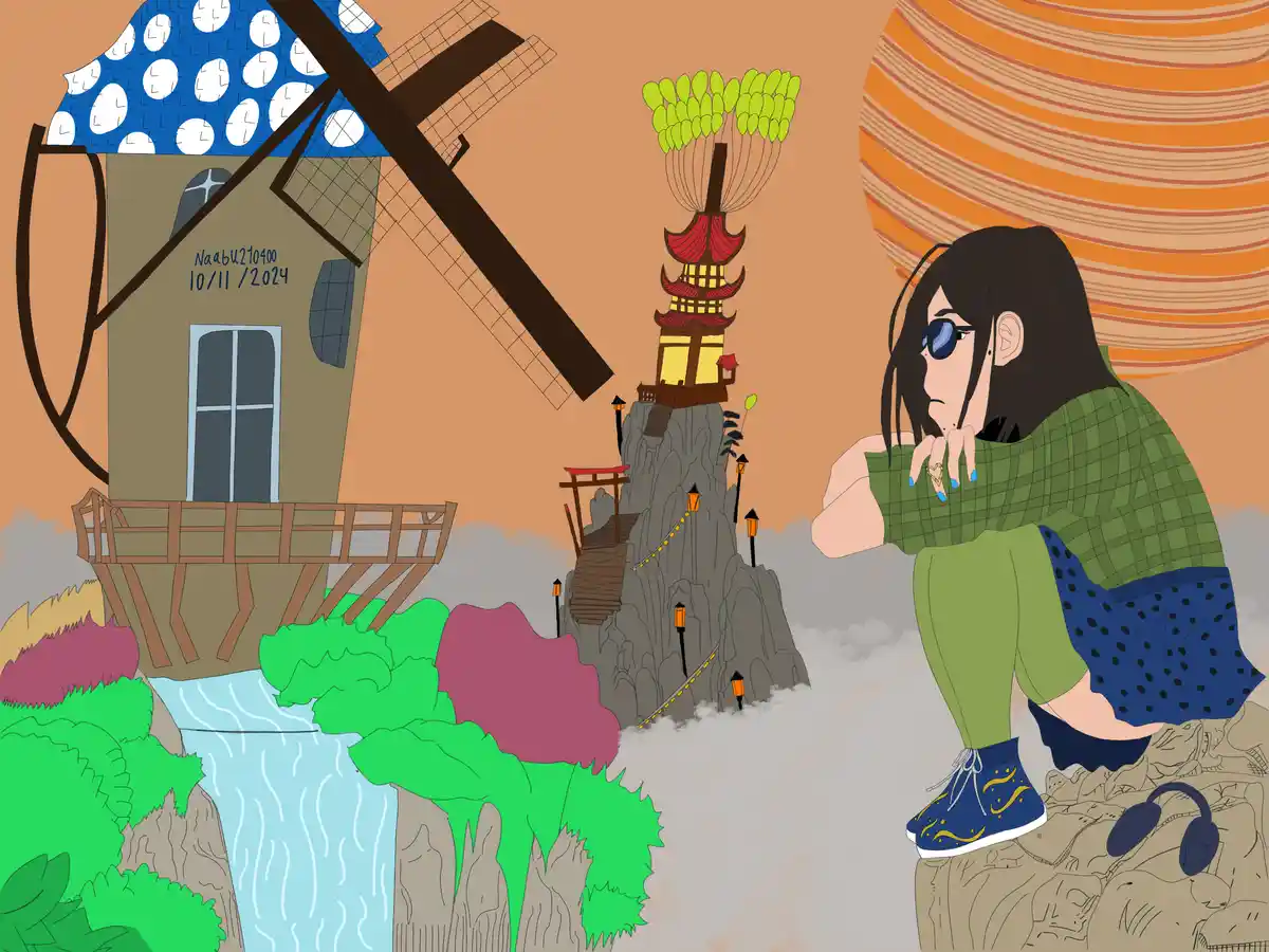 A cartoon-style illustration shows a person with long dark hair and sunglasses sitting on a rock, looking tired or bored…