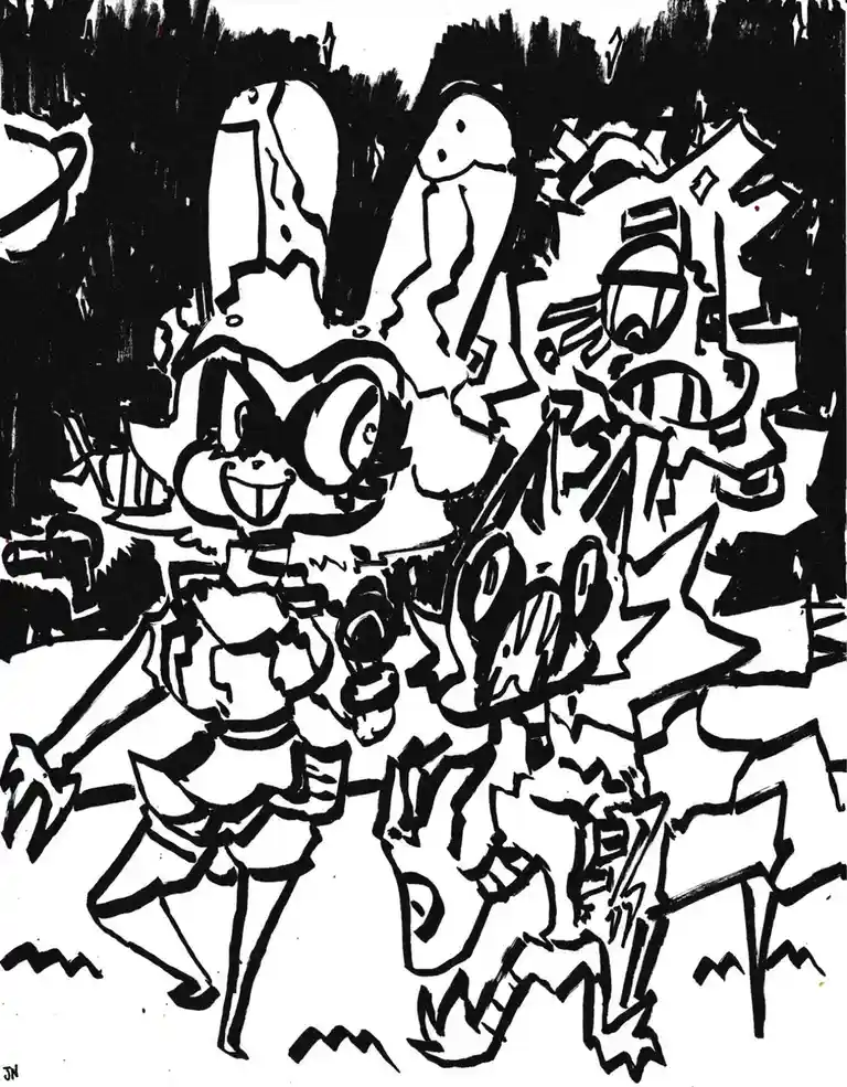 A black-and-white, sketch-style drawing shows a cheerful, rabbit-eared character in a dress holding a microphone, smiling…