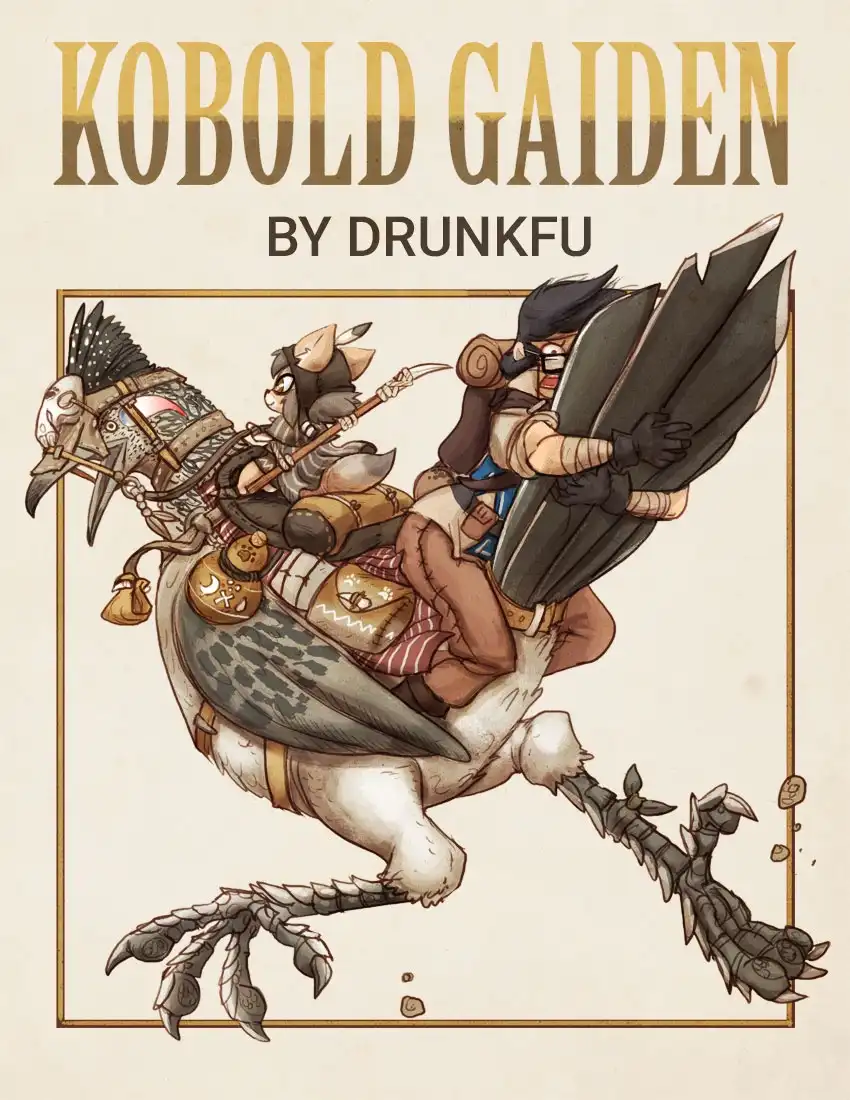 An illustrated fantasy cover art titled 'KOBOLD GAIDEN BY DRUNKKFU' depicts two anthropomorphic kobolds riding a large…