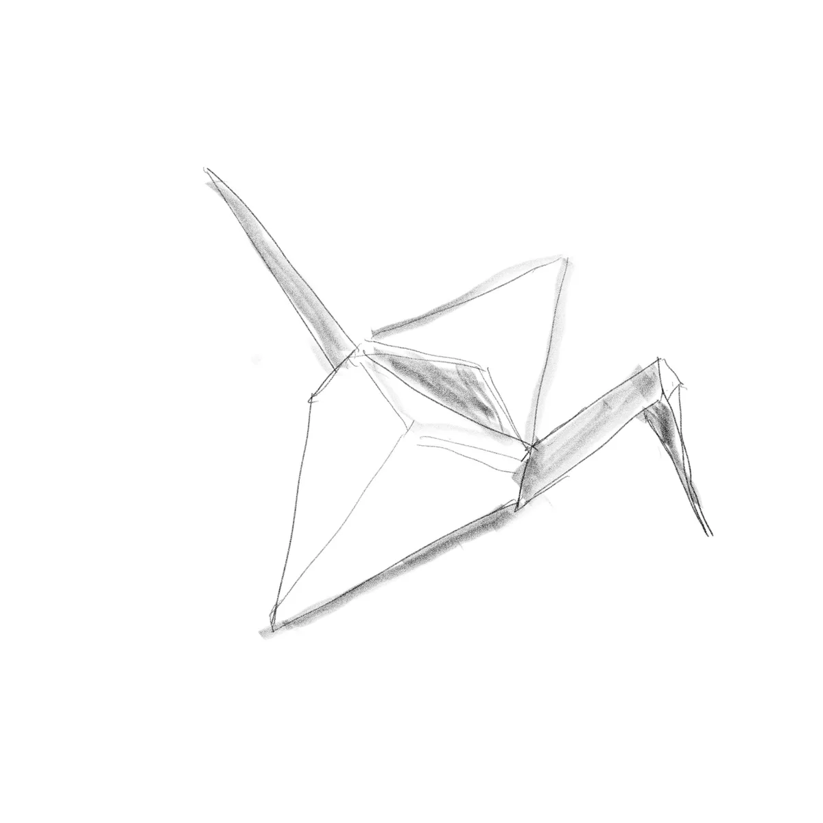 A simple pencil sketch of an origami crane on a plain white background, with the overlaid text 'i made this origami crane…