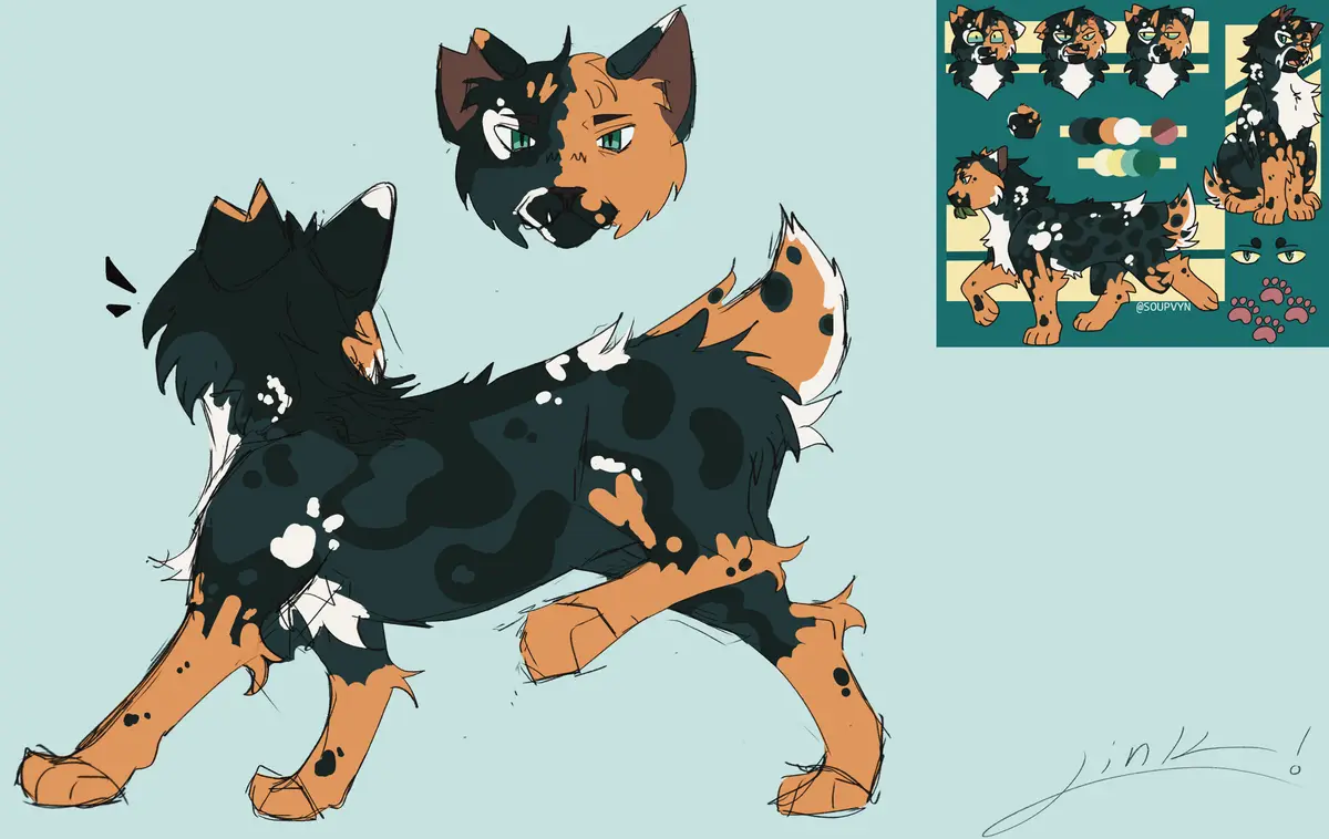 A digital art piece showing a stylized, bipedal canine character with a split-color design, half black and half tan, in a…