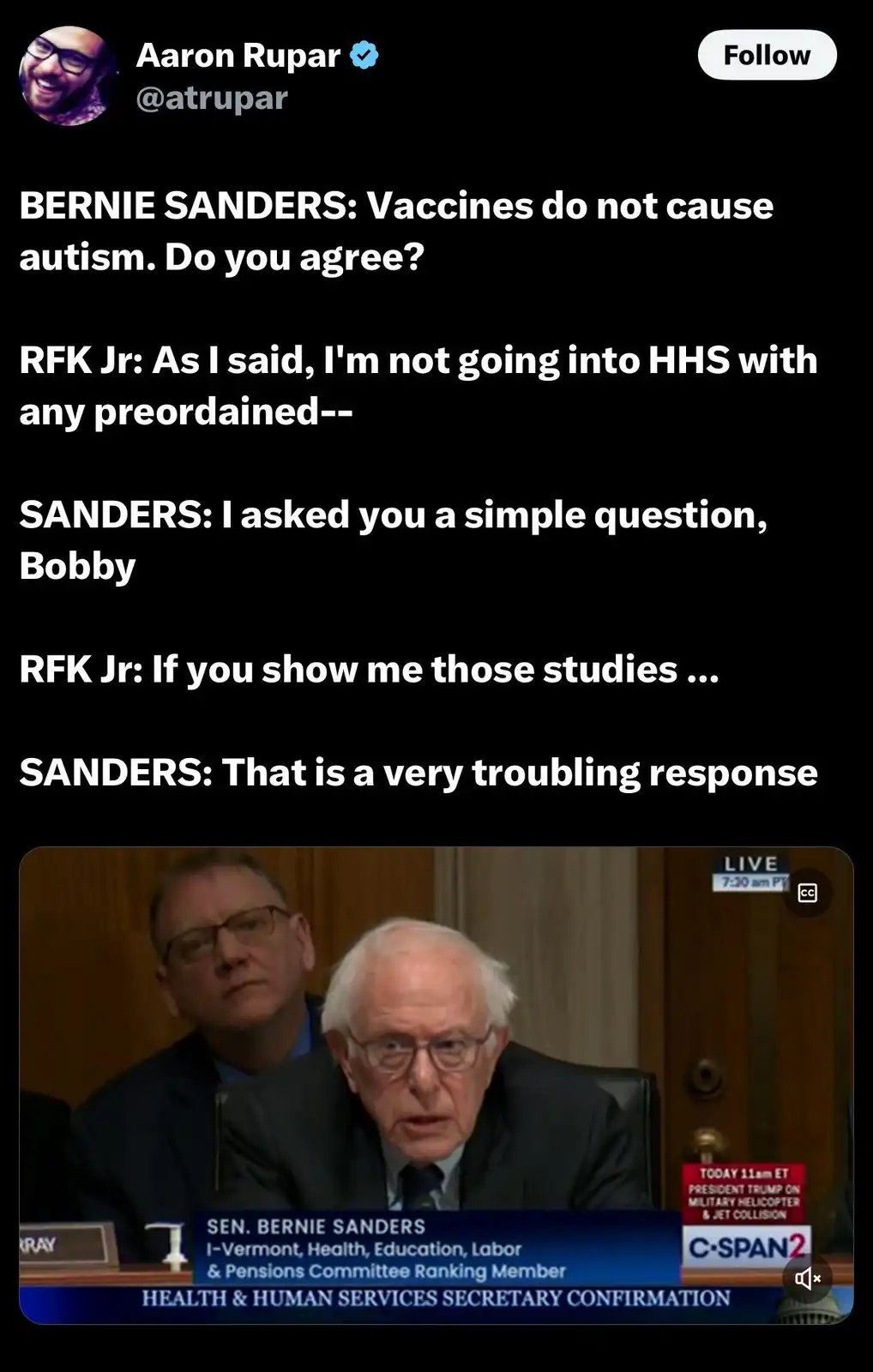 A screenshot of a C-SPAN2 broadcast shows Senator Bernie Sanders looking concerned while speaking during a Health & Human…
