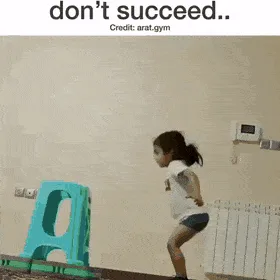A sequence of six panels shows a young girl attempting to jump onto a green plastic stool. In the first five panels, she…