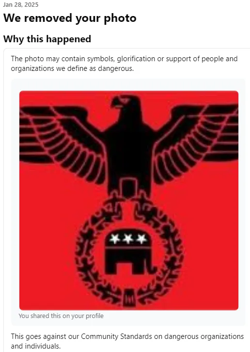 A screenshot of a social media platform's moderation notice showing a red background with a black eagle emblem above a black…