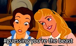 Six panels show Belle and another princess from Disney's Beauty and the Beast. In the first three panels, Belle looks…