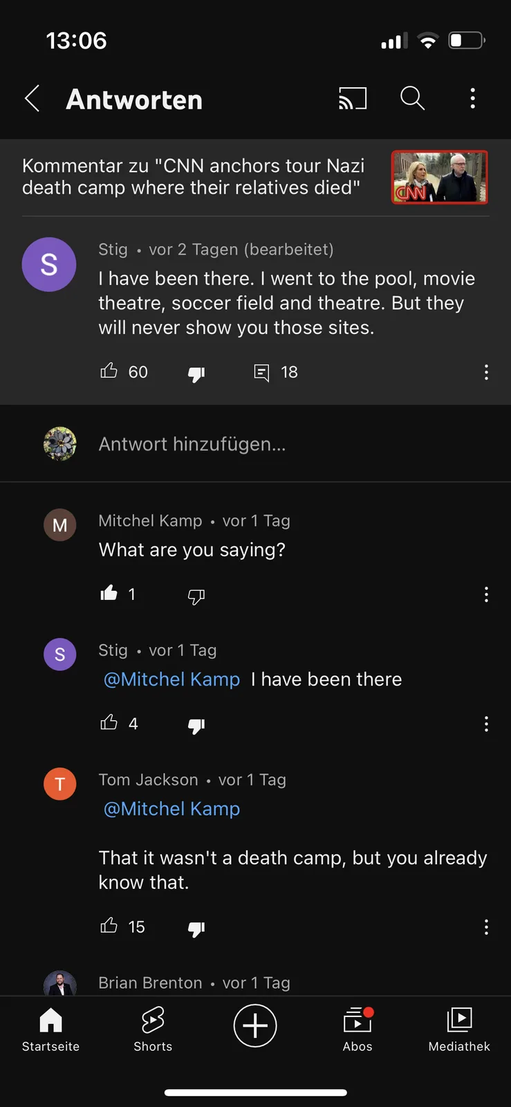 A screenshot of a German social media comment section shows a user named Stig claiming to have visited a Nazi death camp…