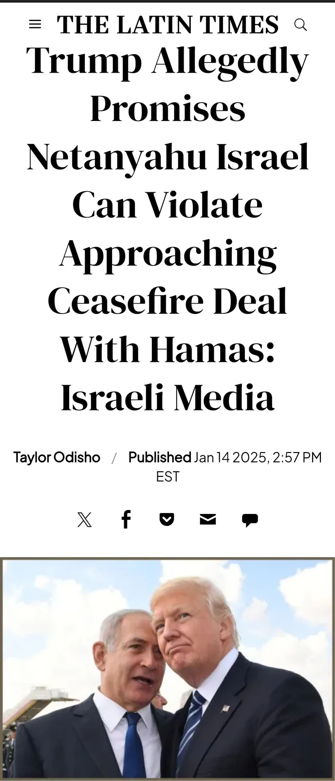 The image displays a mock news article header from 'THE LATIN TIMES' with the headline 'Trump Allegedly Promises Netanyahu…