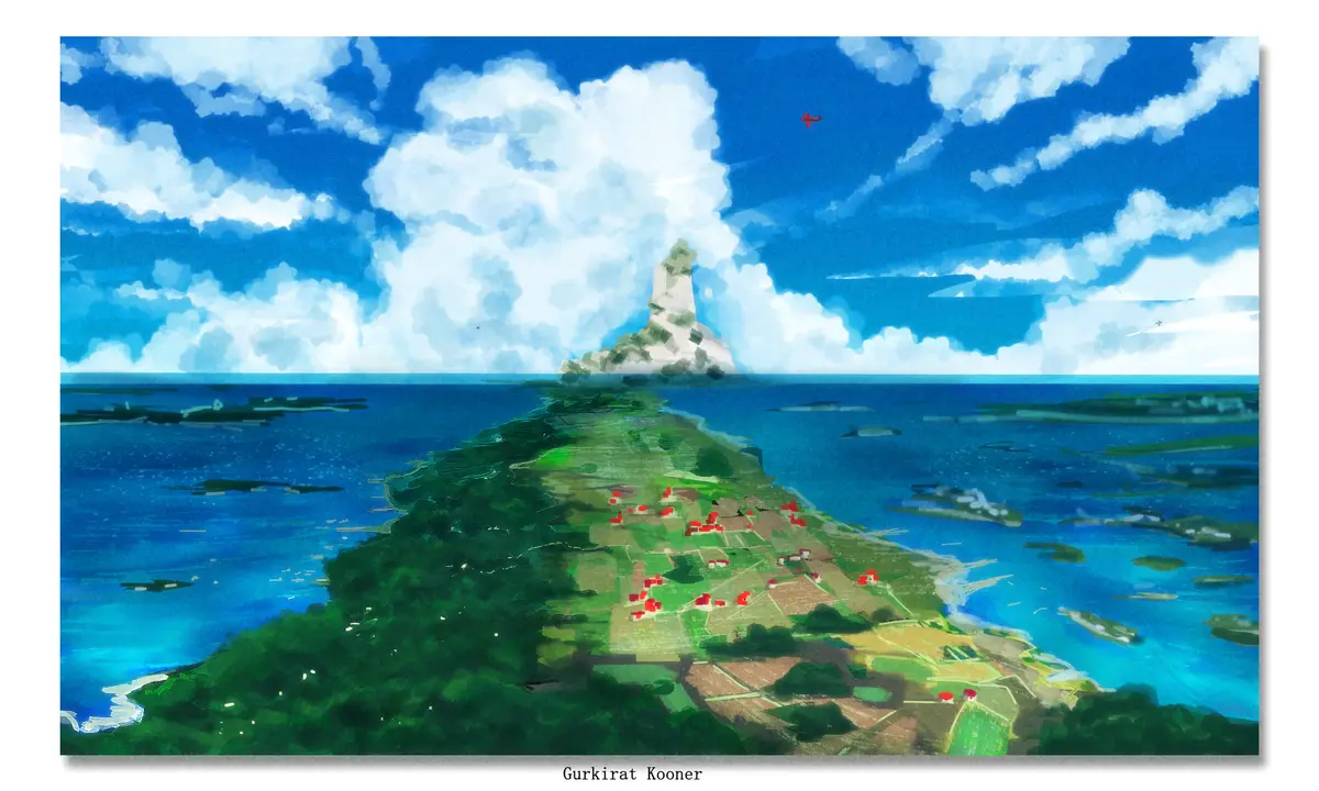 An anime-style illustration depicts a lush green peninsula stretching into a vast blue ocean under a bright blue sky with…