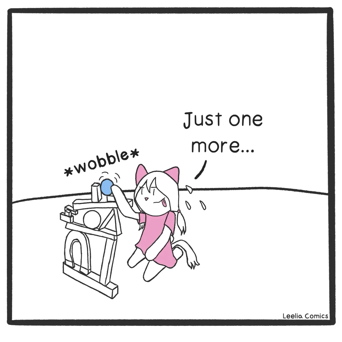 A cartoon girl with cat ears and a pink dress is leaning precariously forward, pushing a blue ball on a wobbly…