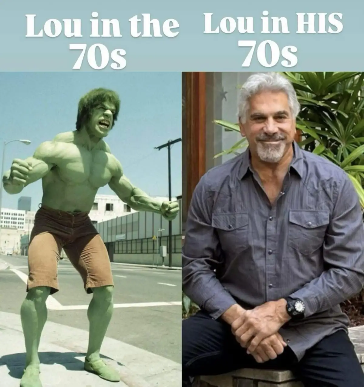 The image is split into two panels. The left panel shows Lou Ferrigno as the Hulk in the 1970s, wearing brown shorts and…