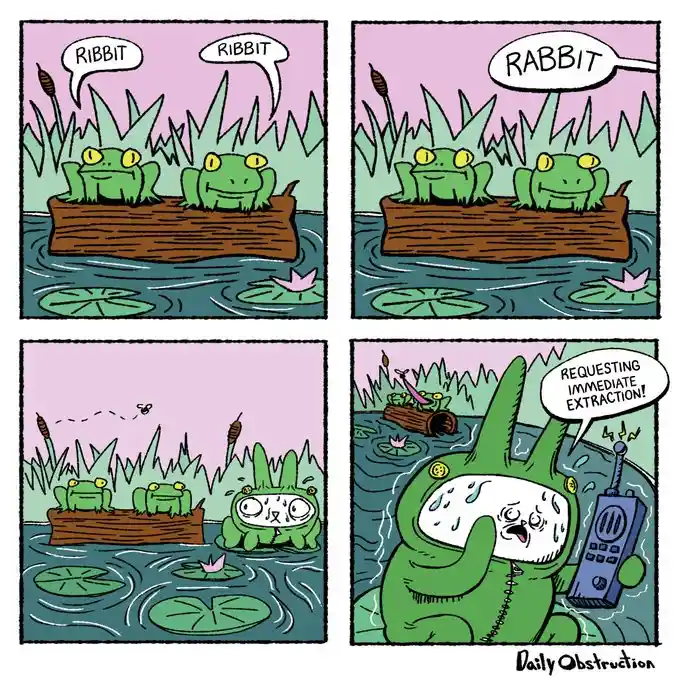 A four-panel comic shows two frogs in a log boat saying 'ribbit' until one mishears it as 'rabbit', then panics and calls…