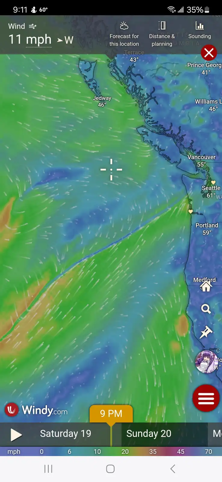 A screenshot of the Windy.com weather app displaying a wind map of the Pacific Northwest, showing wind speeds and directions…
