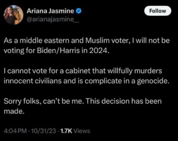 A screenshot of a tweet from Ariana Jasmine, showing her profile picture, handle, and a black background with white text…