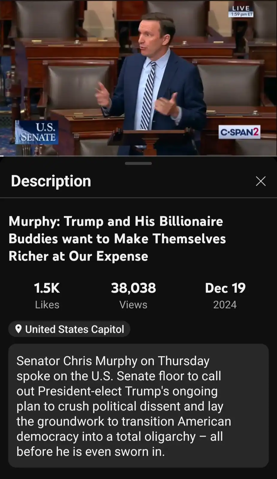 A screenshot of Senator Chris Murphy speaking at a wooden podium in the U.S. Senate chamber, with 'U.S. SENATE' and…