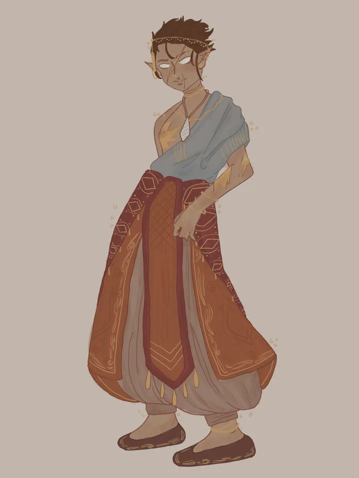 An illustrated character with pointed ears, wearing ornate robes and a headband, stands with a tired expression and one hand…