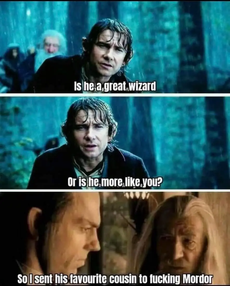 A three-panel meme from 'The Lord of the Rings' showing Frodo questioning Gandalf's power, then Gandalf's grim response. The…