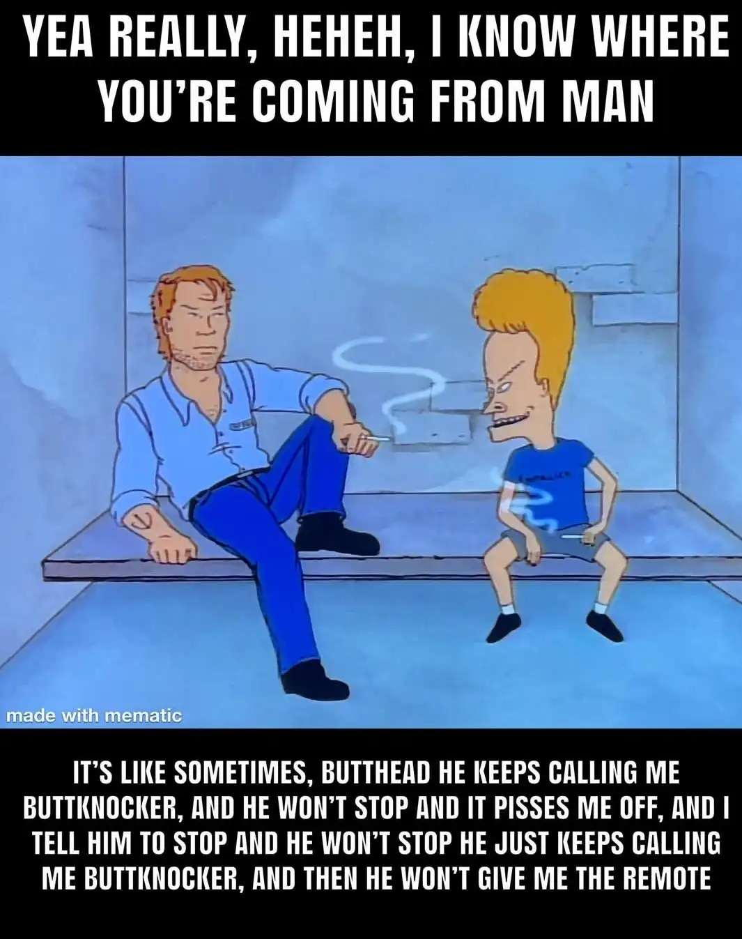 Two cartoon characters sit on a bench in a blue room; the taller one smokes a cigarette while the shorter one grins. The top…
