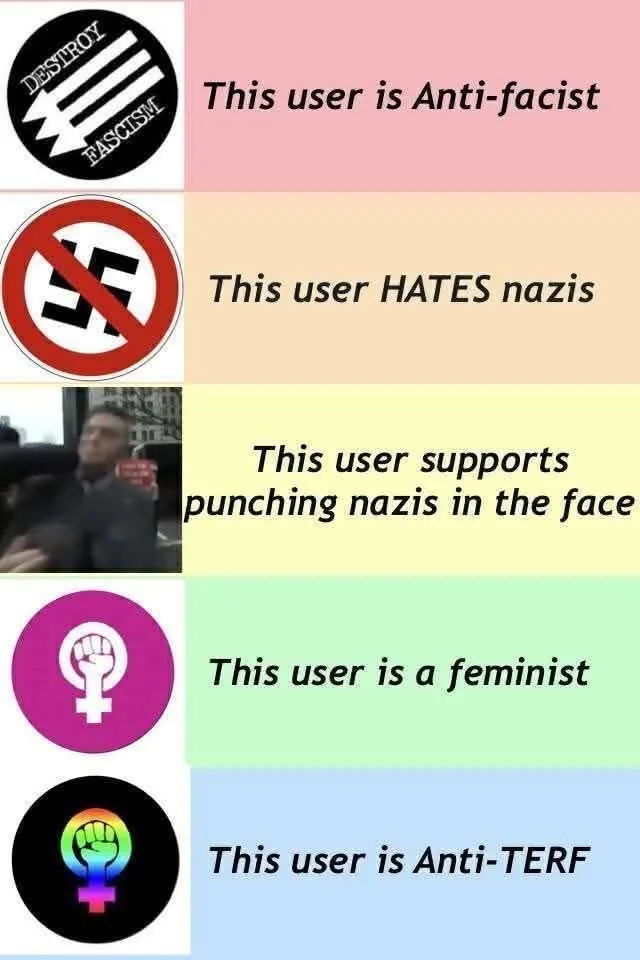 A vertical meme with five colored panels, each showing an icon on the left and text on the right. The top panel has a…