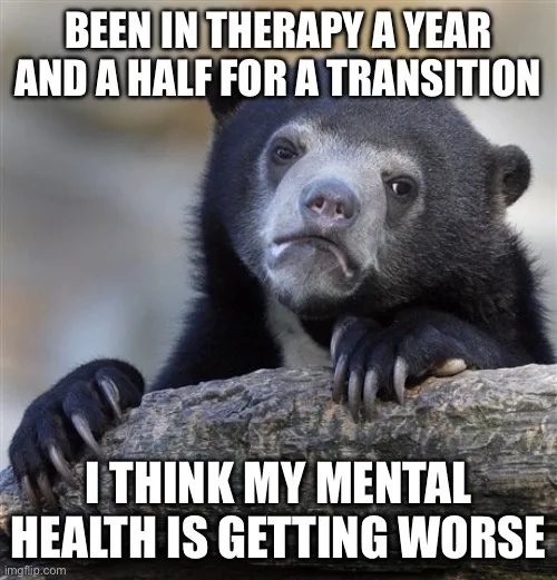 A black bear with a sad, confused, and slightly exasperated expression is leaning on a log. The text overlaid in bold white…