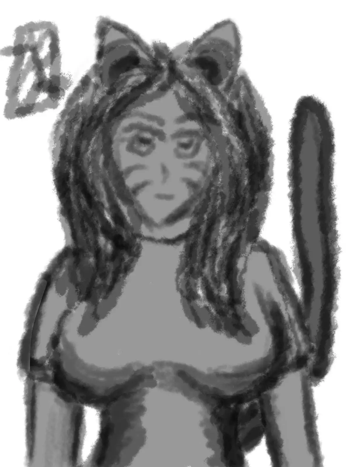 A blurry, grayscale sketch depicts a person with long hair wearing a cat-eared hood and a cat tail, with faint cat-like…