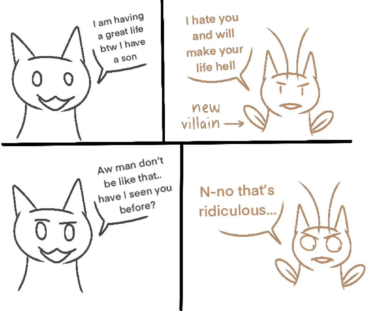 A four-panel comic strip featuring two cartoon cats. The first panel shows a smiling cat saying, 'I am having a great life…
