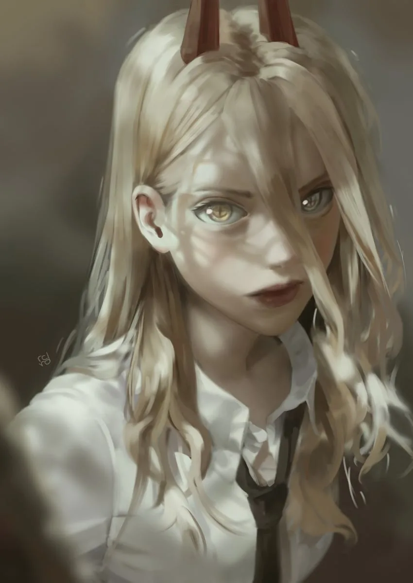A digital illustration of a young woman with long blonde hair, wearing a white collared shirt and dark tie, with two small…